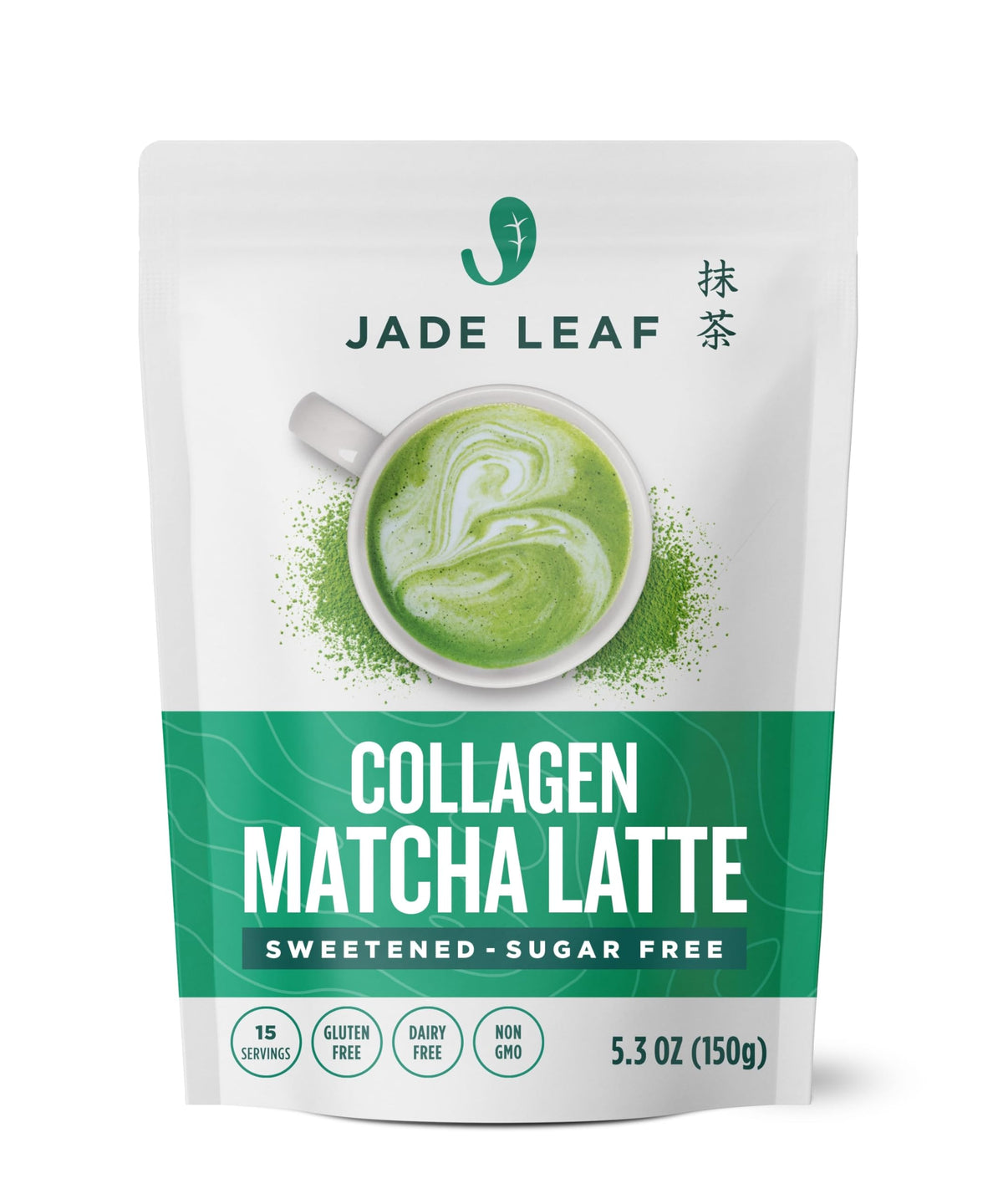 Jade Leaf Matcha latte powder jar with organic matcha and grass-fed collagen for rich lattes.