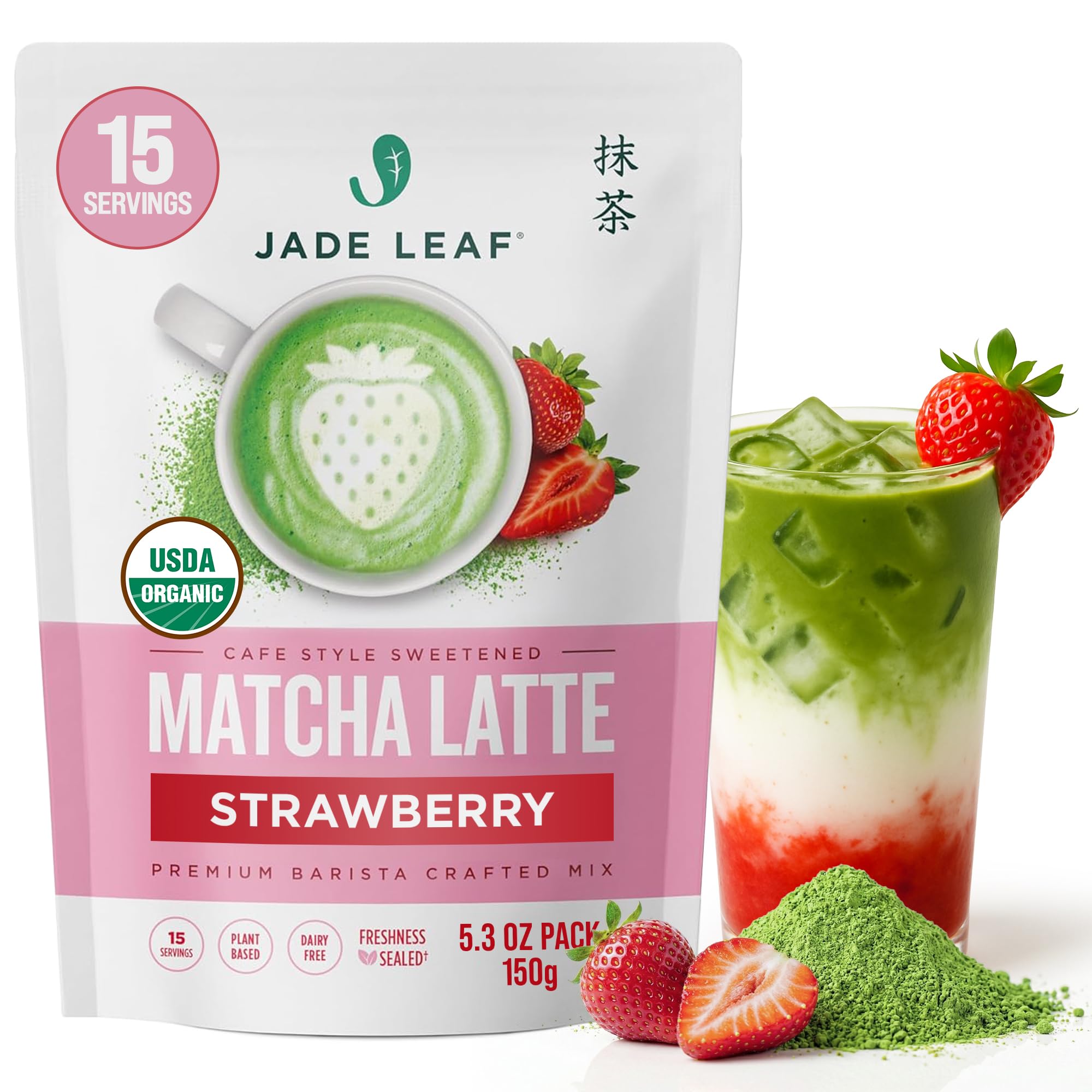 Jade Leaf Matcha Organic Strawberry Latte Mix close-up showing premium ingredients for cafe-style lattes at home