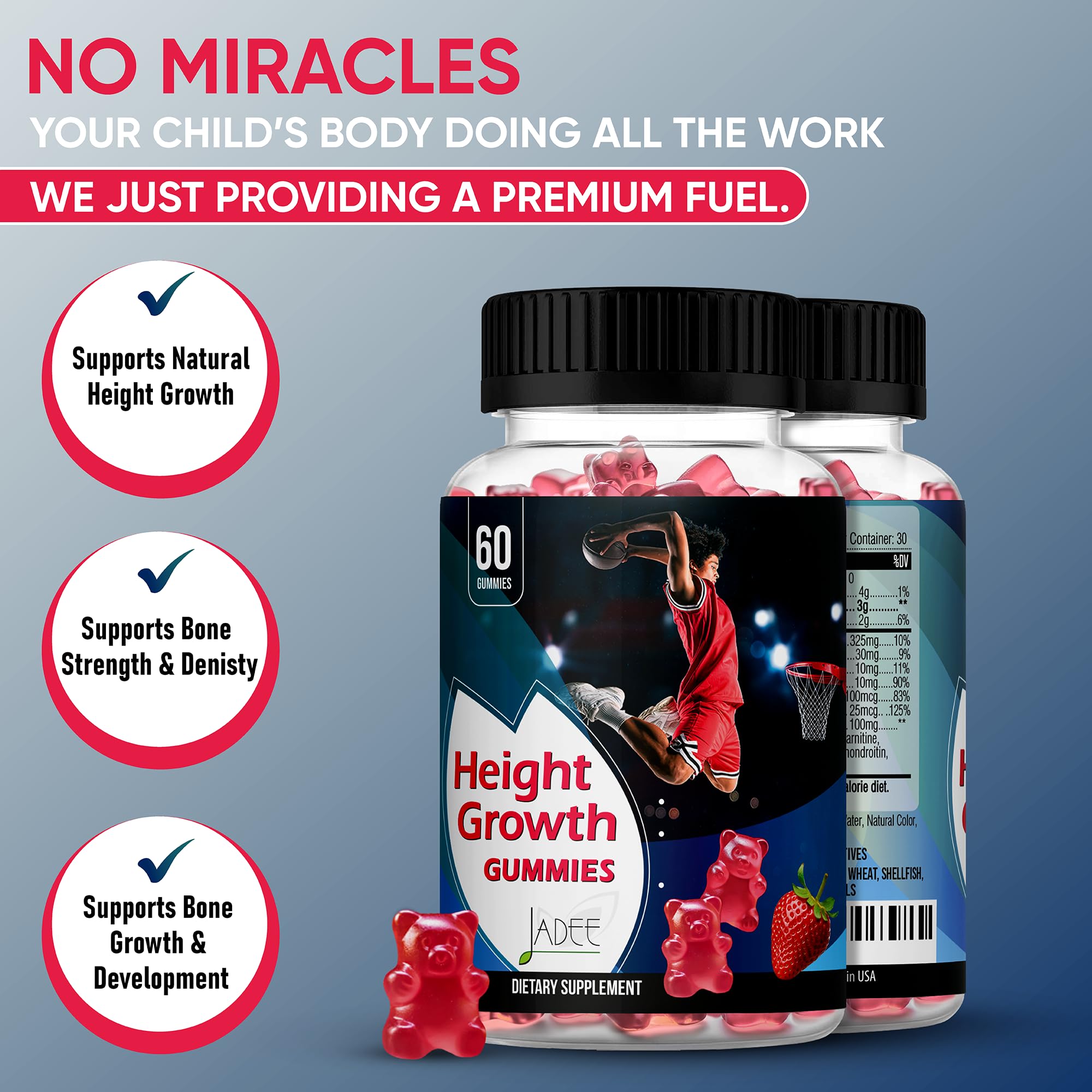 Ashwagandha and zinc in Jadee Height Growth Gummies blended for balance and activity support.