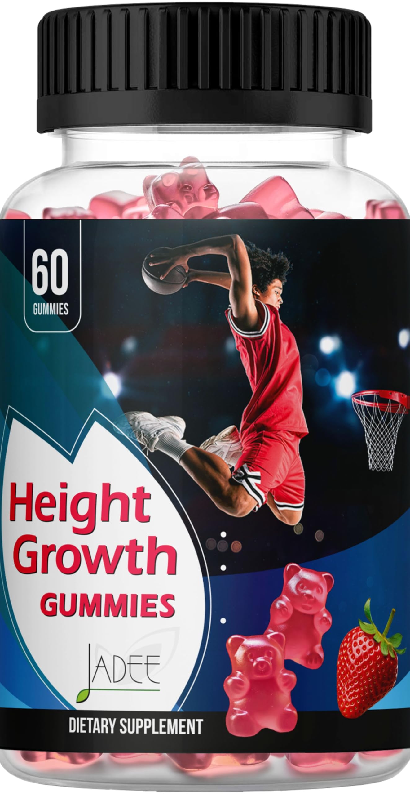 Jadee Height Growth Gummies bottle showing colorful bites for growing kids' bone support.