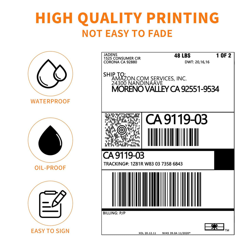 JADENS waterproof and oil-proof label surface maintains legibility during transit.