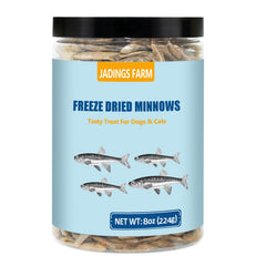 JADINGSFARM Minnows 8oz jar – natural, protein-rich treat for dogs and cats.