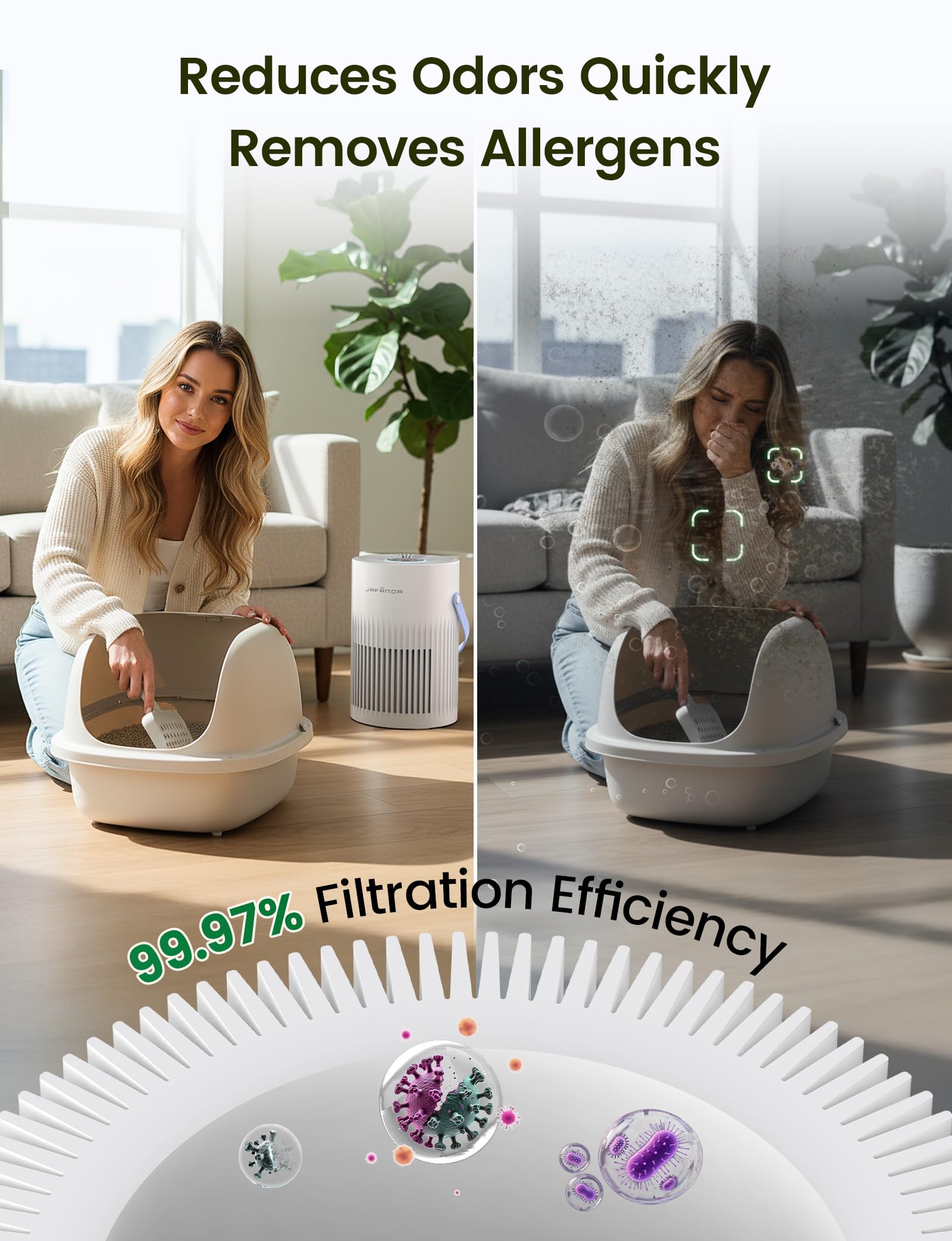 Jafanda air purifier showing 360-degree airflow feature