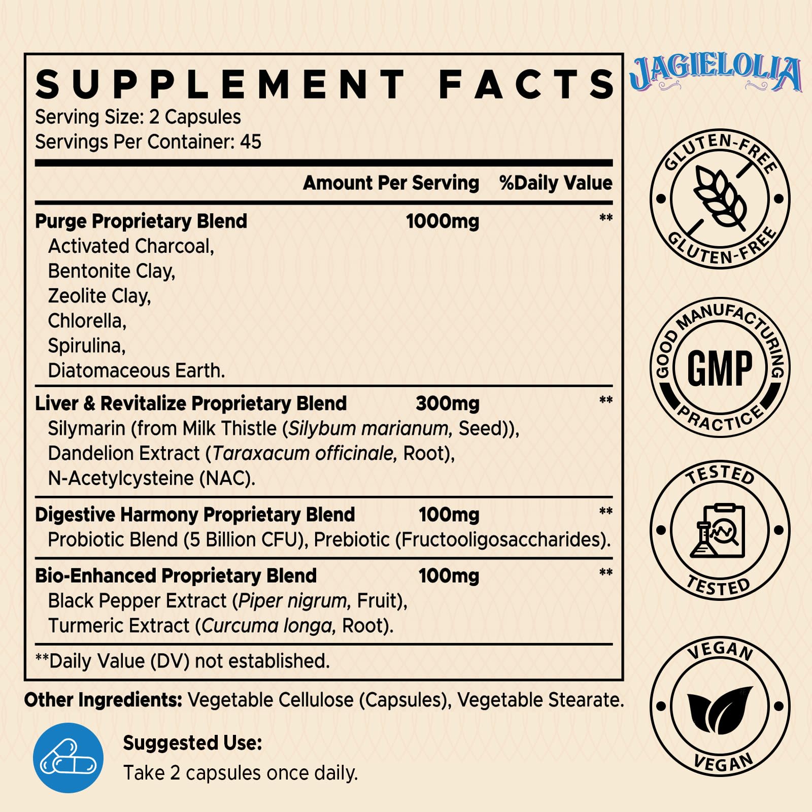 Jagielolia activated charcoal for toxin binding in the blend.
