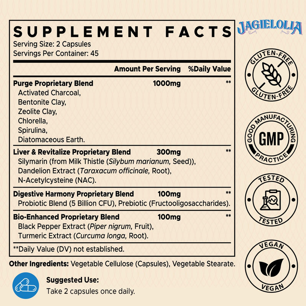 Jagielolia detox capsules close-up showing vegan, easy-to-take format.