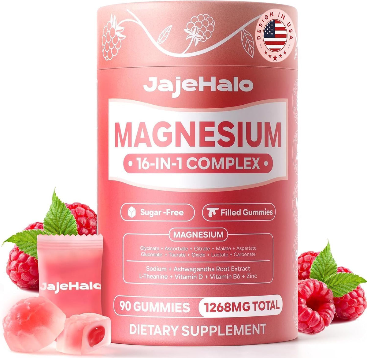 Jajehalo Magnesium Complex Gummies for Women bottle with 90 sugar-free raspberry gummies, daily support.