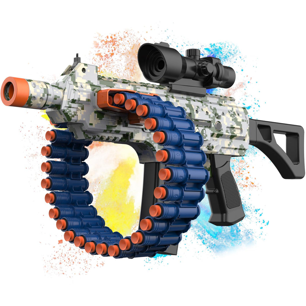 JakMean electric automatic toy with scope and belt-fed system for immersive play in outdoor battles.