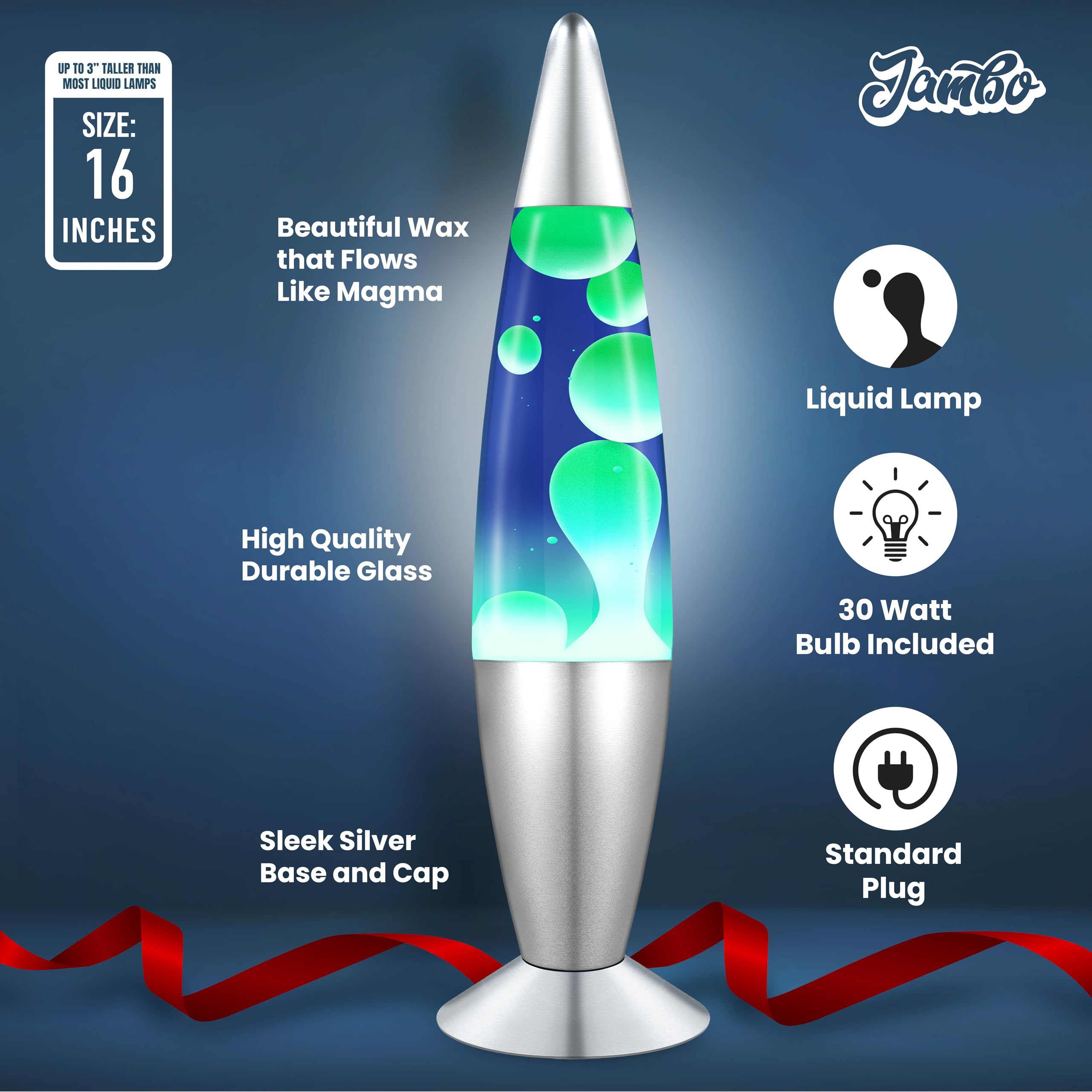 JAMBO 16-inch liquid lamp enhances home decor with contemporary blue design.