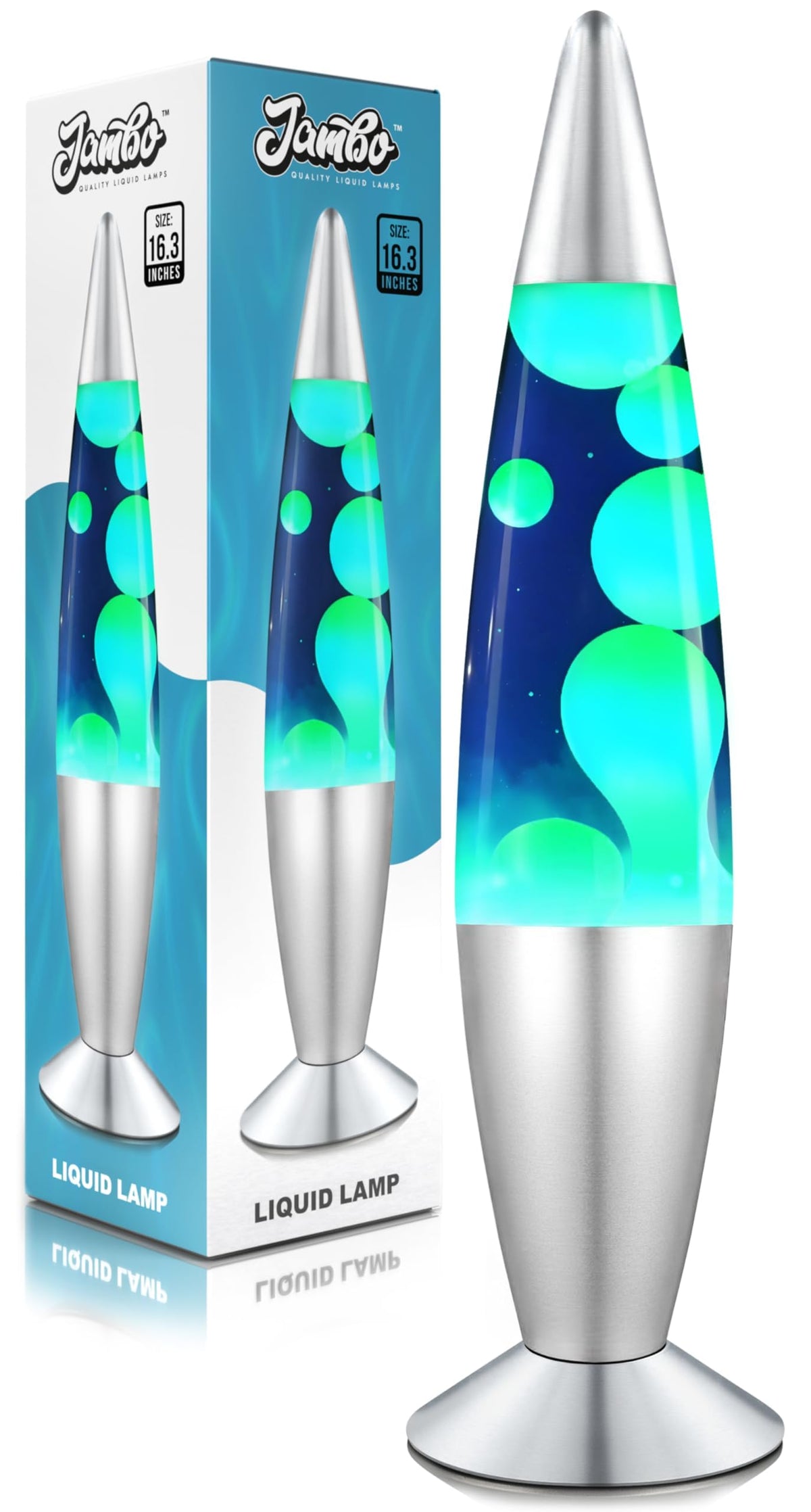 JAMBO liquid lamp with blue body and motion wax creates soothing ambient lighting.