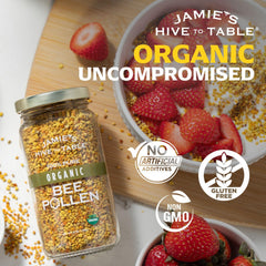 Bee pollen sprinkled into a smoothie from Jamie’s Hive to Table for natural energy.