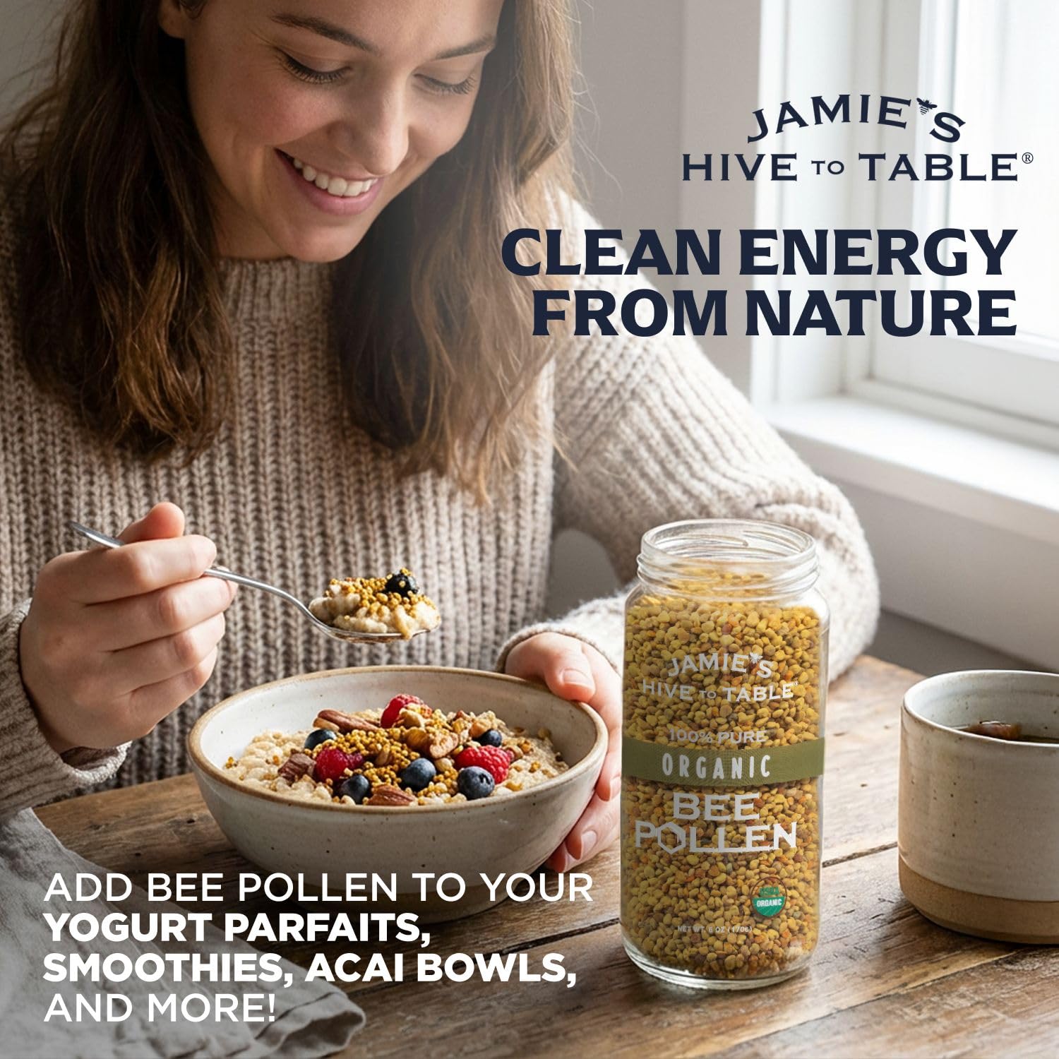 Natural flavor and texture in every granule from Jamie’s Hive to Table bee pollen.