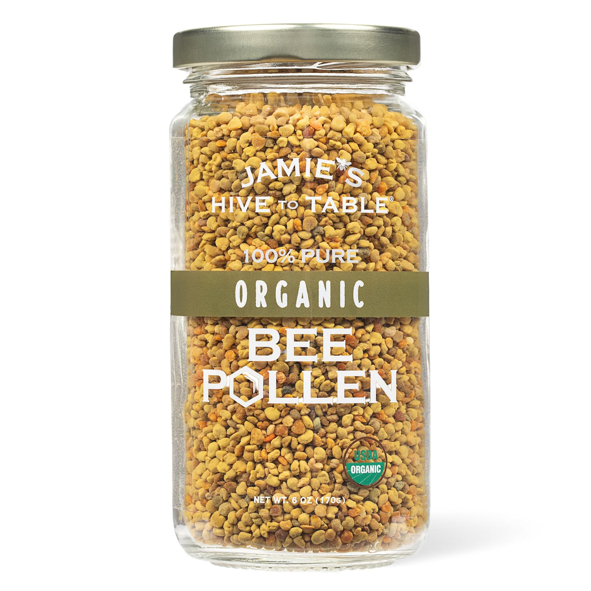 Jamie’s Hive to Table organic bee pollen 6oz bottle, pure and raw for energy support.