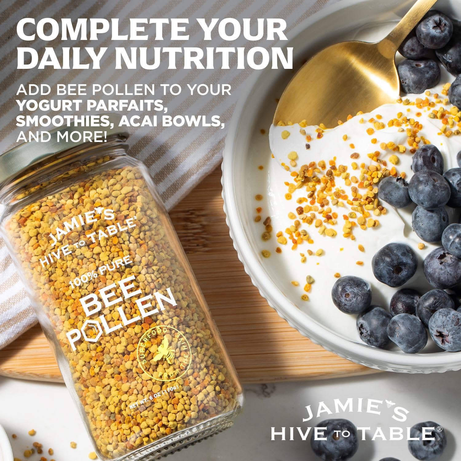Jamie’s Hive to Table bee pollen in smoothie ready to blend