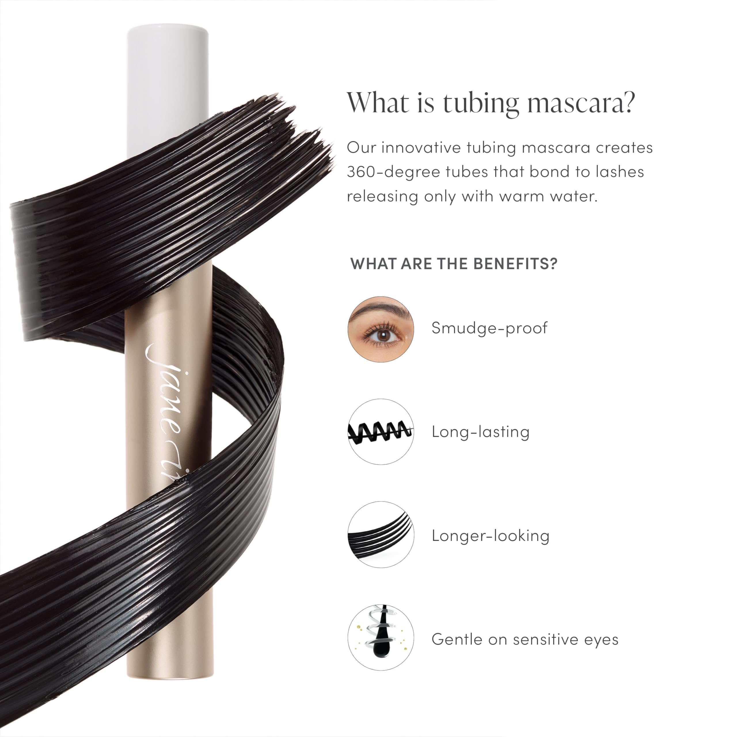 Jane Iredale Lash Fixation demonstrates root-to-tip lift with the tapered wand.