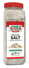 Jane's Krazy Mixed-Up Salt bottle closeup—all natural seasoning for meals.