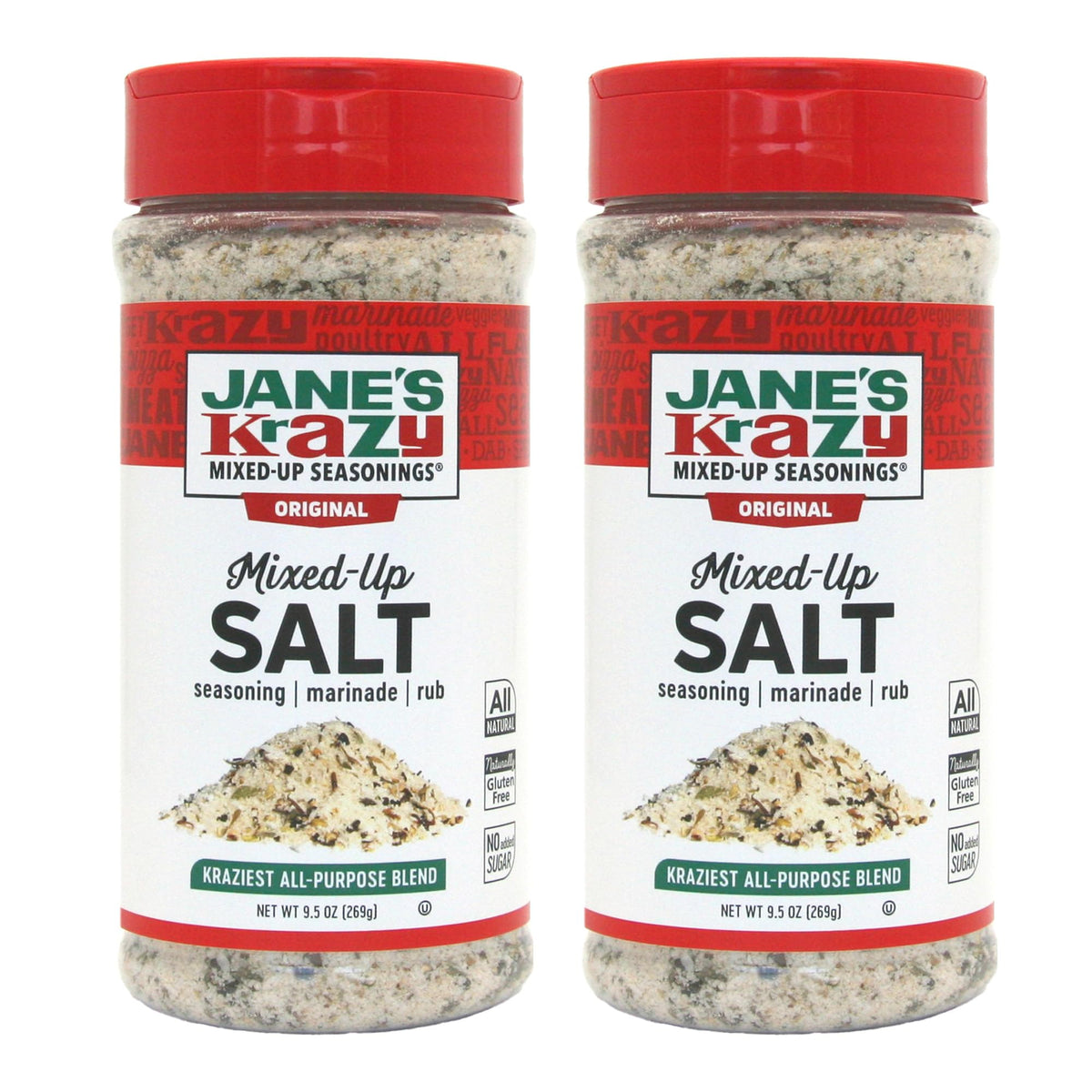Jane's Krazy Mixed-Up Salt original 9.5oz bottle ready to season grilled steak