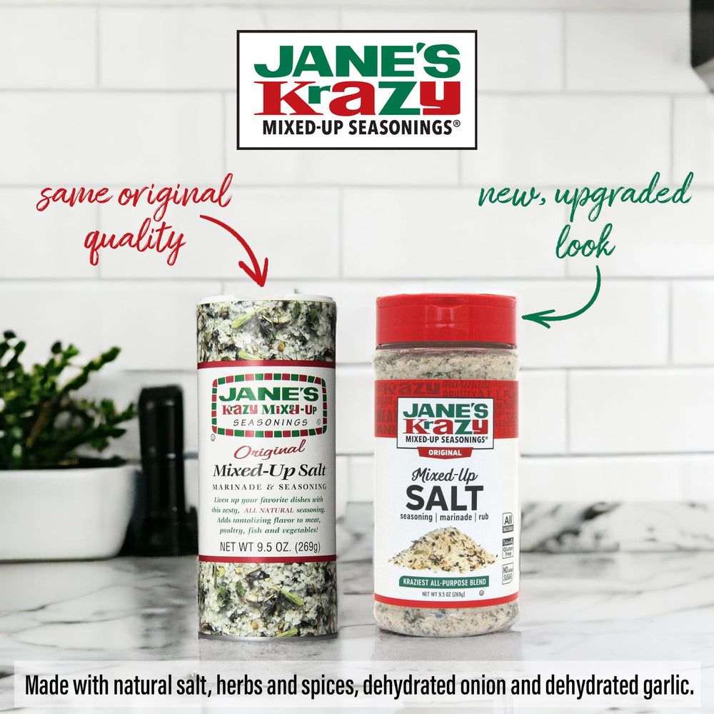 Two Jane's Krazy Mixed-Up Salt bottles on the kitchen counter for versatile marinades
