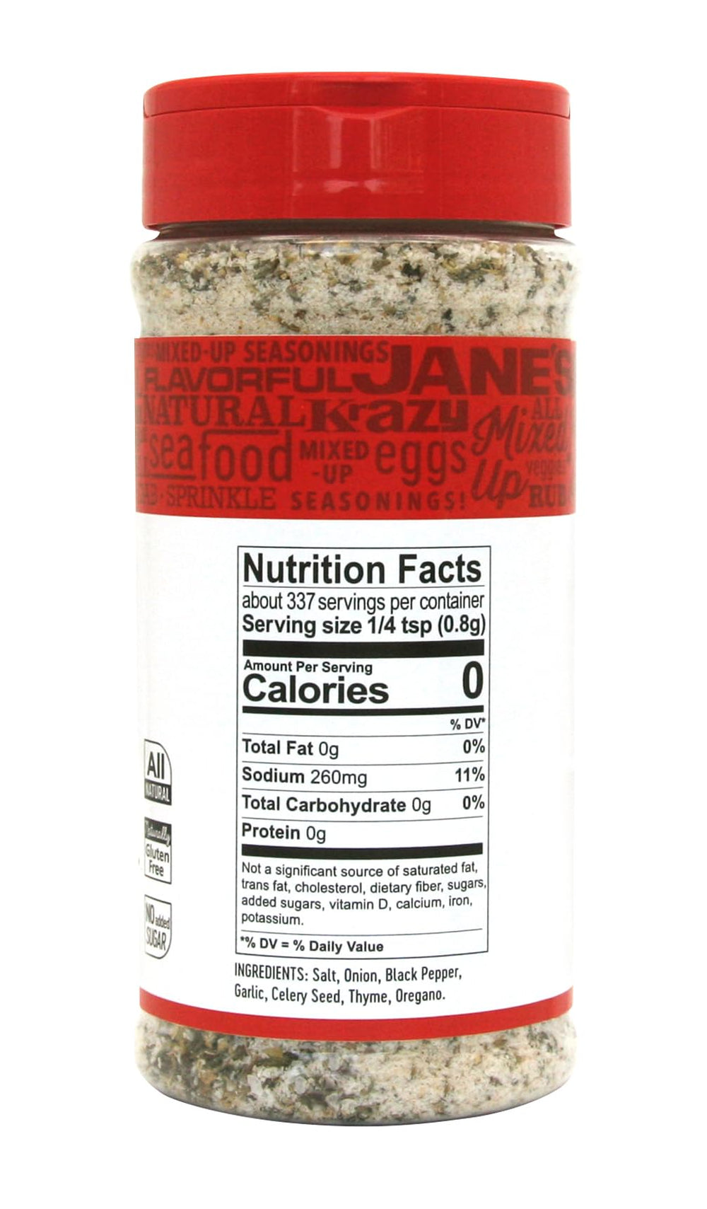 Label details showcasing the blend on Jane's Krazy Mixed Up Salt canister.
