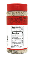 Label details showcasing the blend on Jane's Krazy Mixed Up Salt canister.