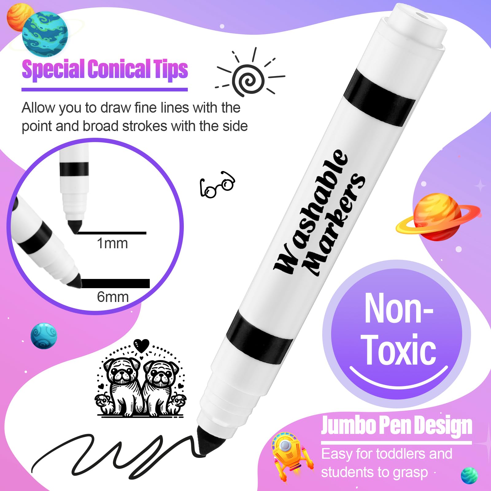 Janjaugh broad-line conical-tip markers enable wide fills and fine details.