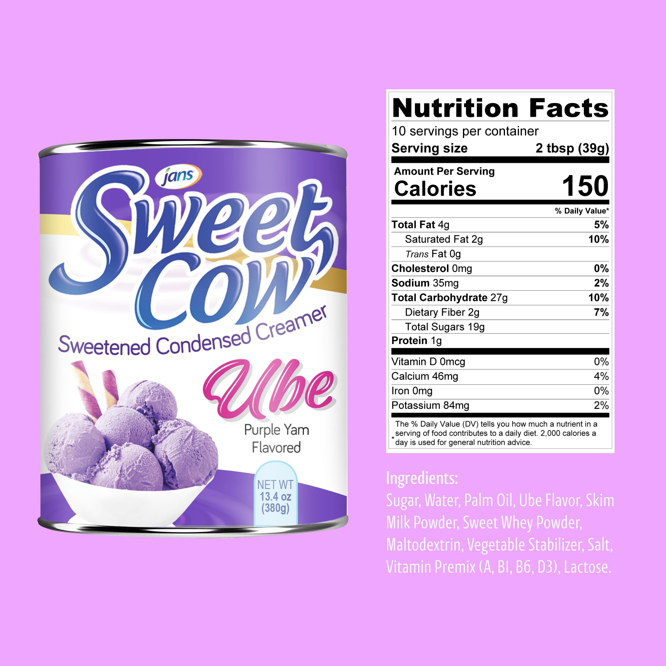Jans Ube Condensed Milk label closeup emphasizing color and sweet aroma for ube-inspired treats.