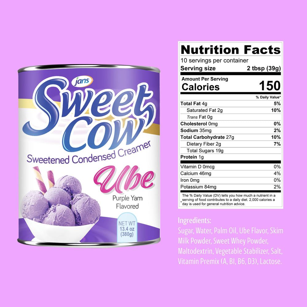 Jans Ube Condensed Milk label closeup emphasizing color and sweet aroma for ube-inspired treats.