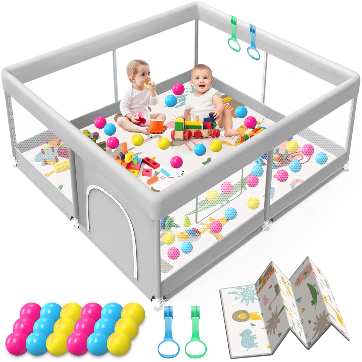 Jaobeem baby playpen with mat in assembly view showing a safe crawl space