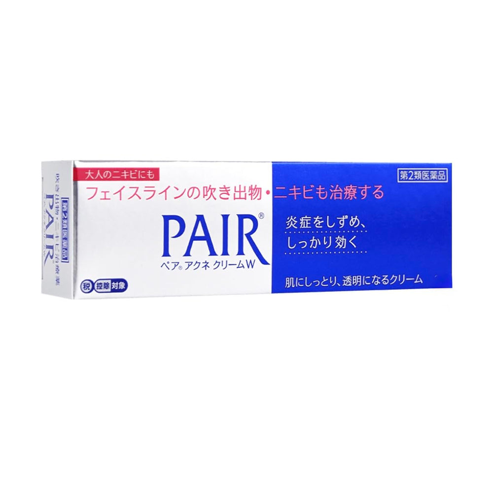 Japan Lion Pair Acne Cream tube close-up showing quick absorption on skin.