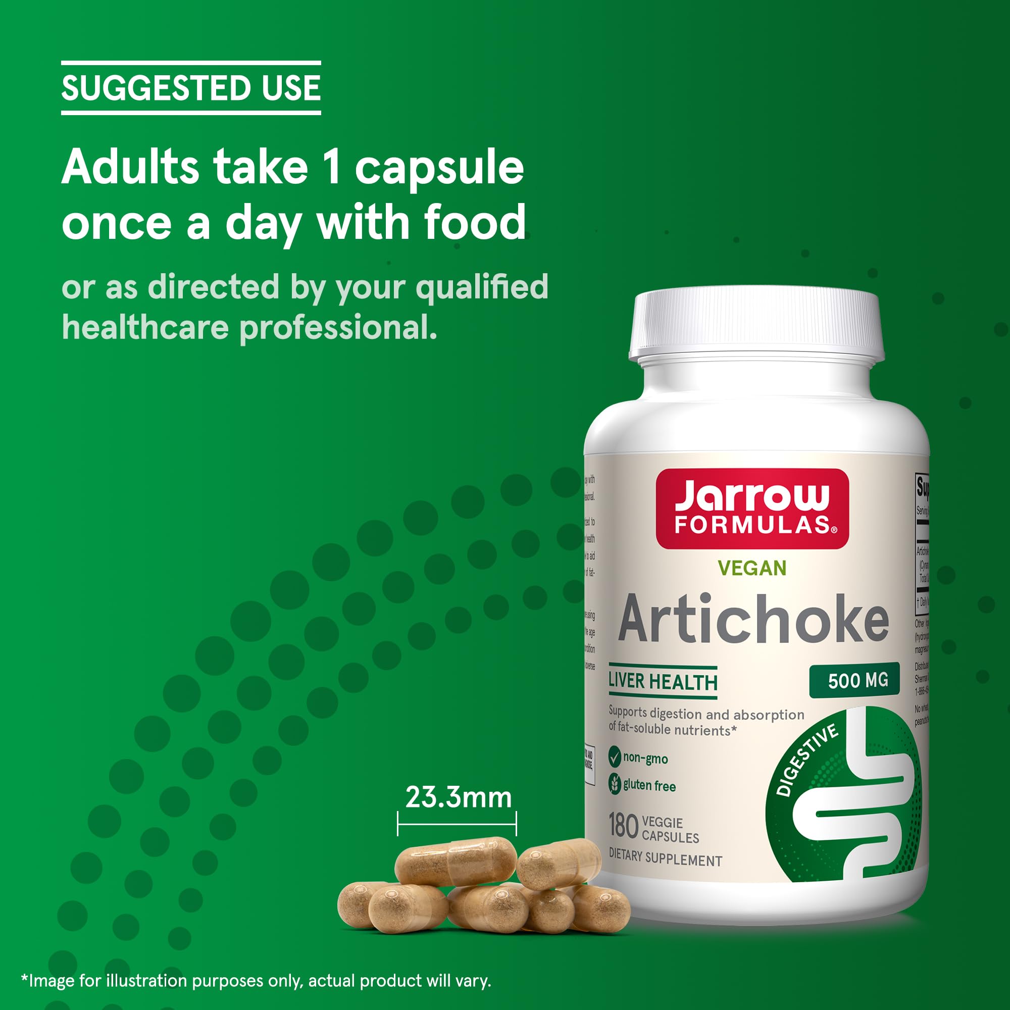 Capsules pictured with food to indicate take with meals.