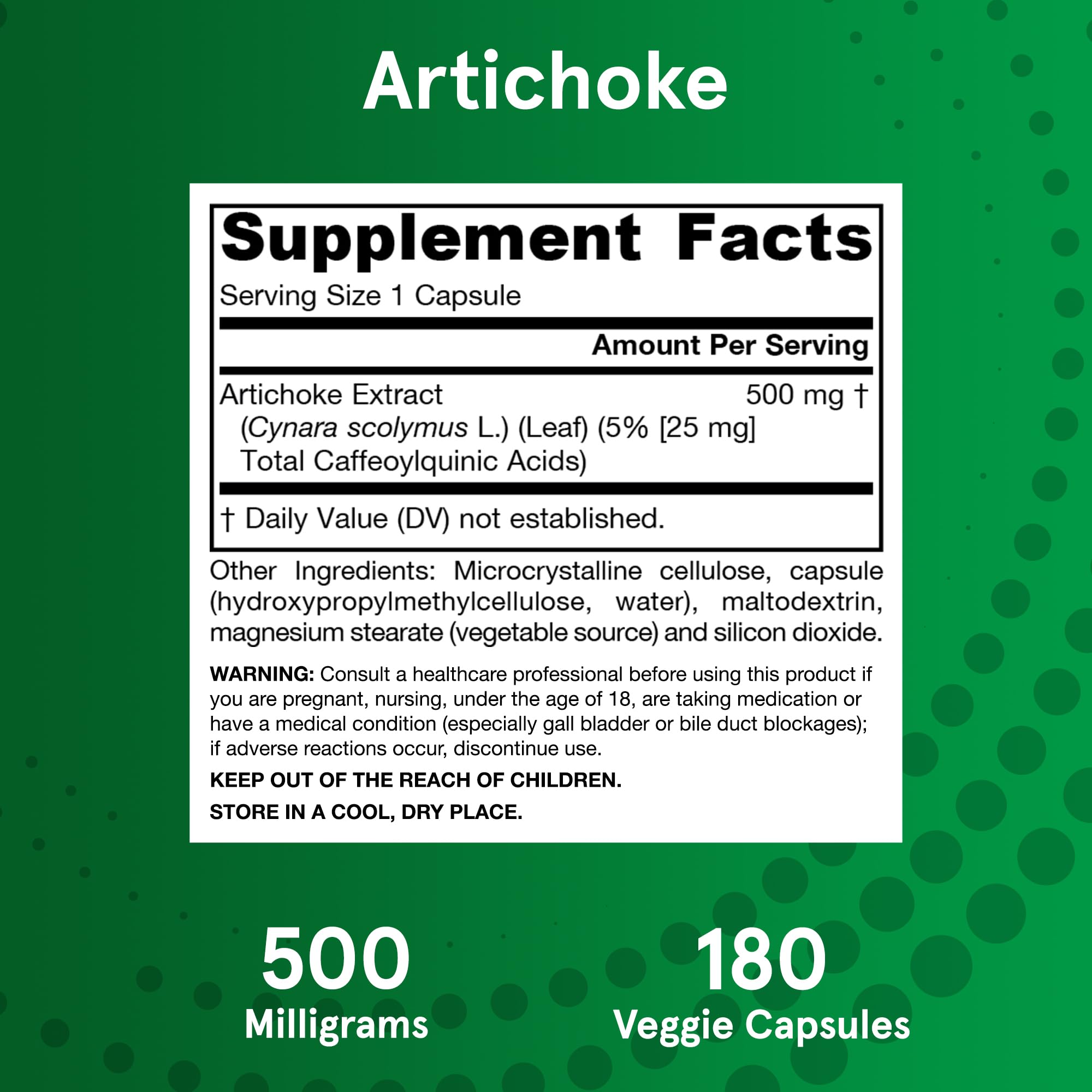 Supplement facts panel shows 500 mg per capsule.