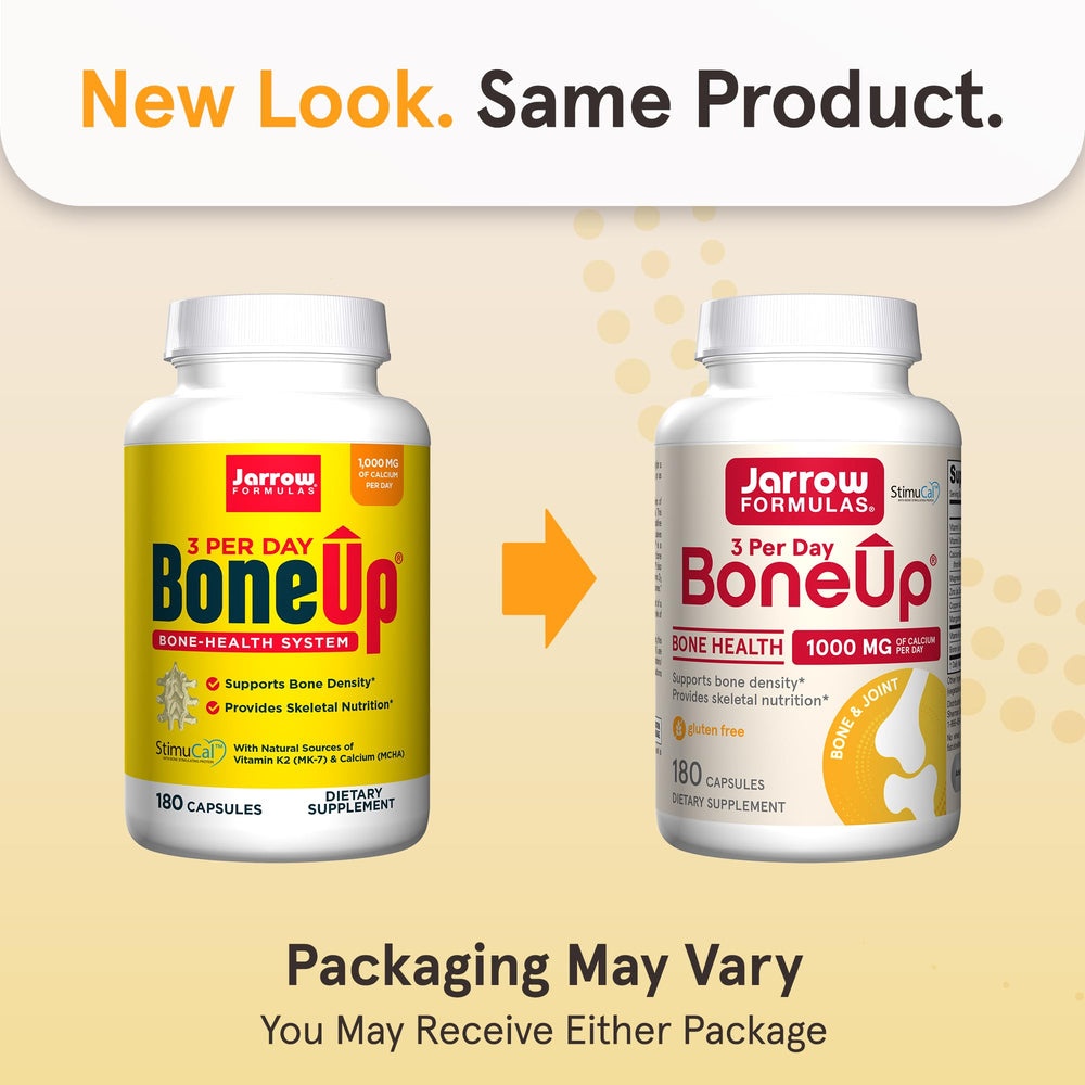 Jarrow BoneUp D3 K2 bottle label showing vitamin support for calcium deposition
