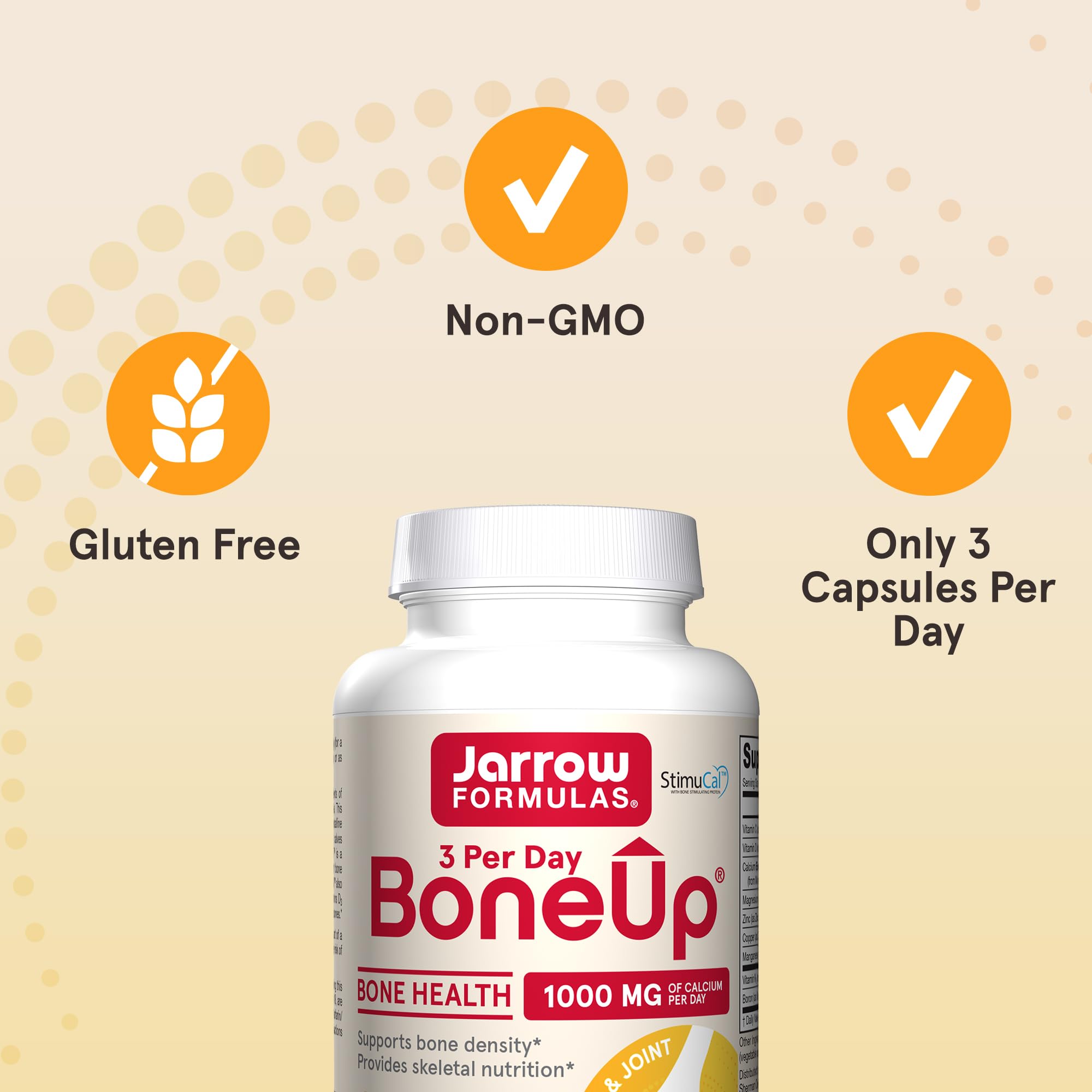 Jarrow BoneUp nutrition panel lists D3 K2 and trace minerals