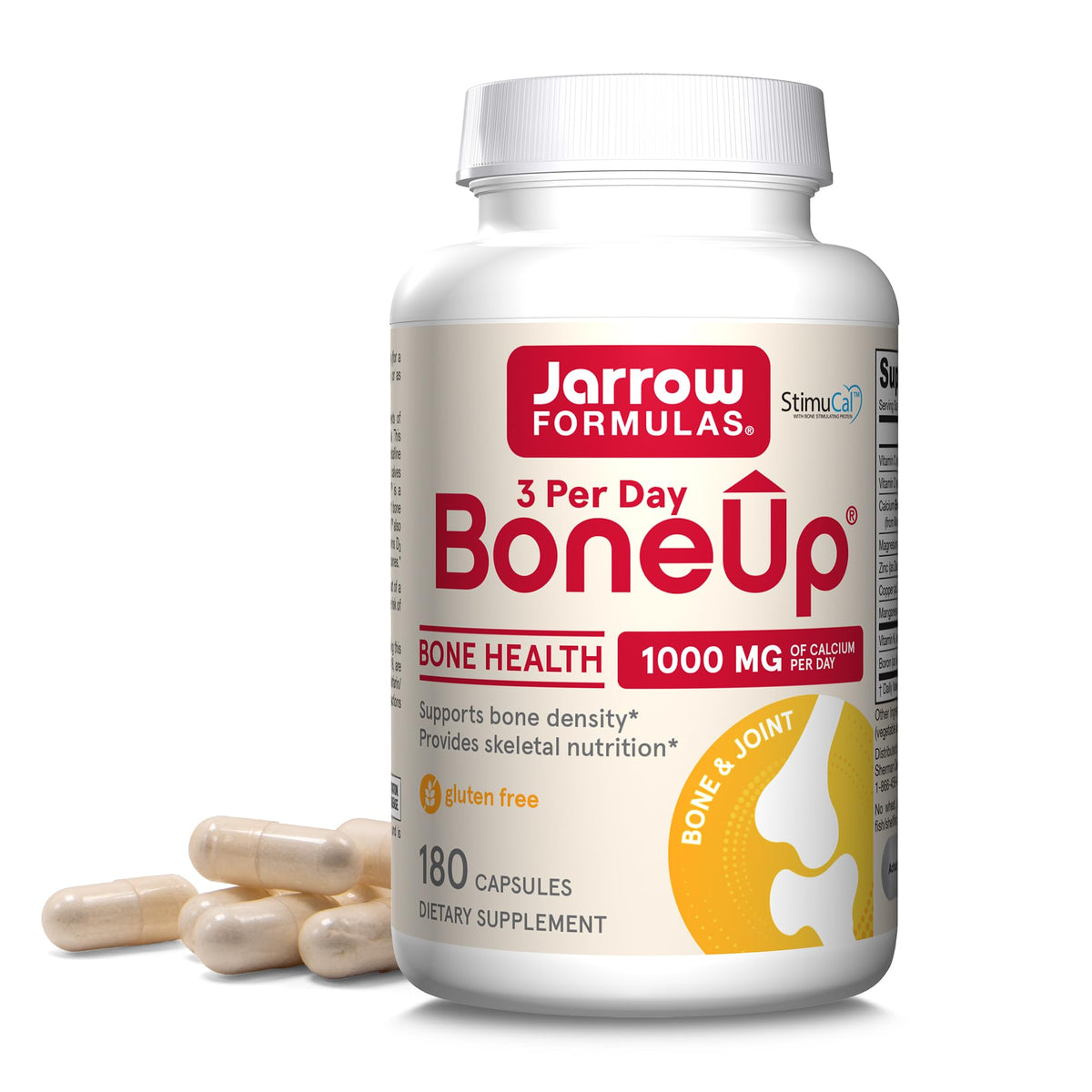 Jarrow BoneUp bottle with capsules highlighting calcium from StimuCal MCHA for bone support