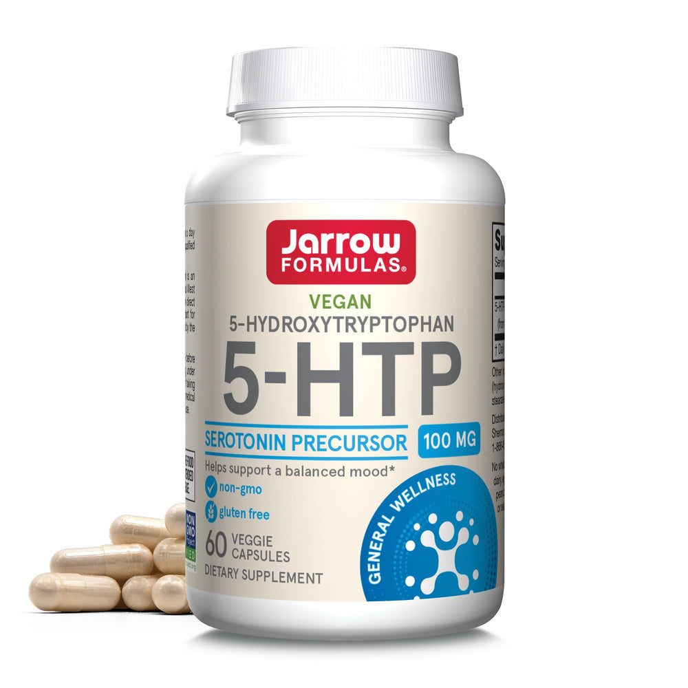 Jarrow Formulas 5-HTP bottle front for daily mood-support possibilities with vegan capsules