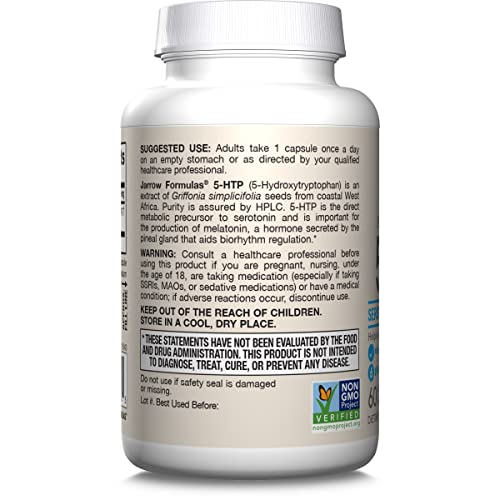 Jarrow Formulas 5-HTP bottle side view highlighting capsule count