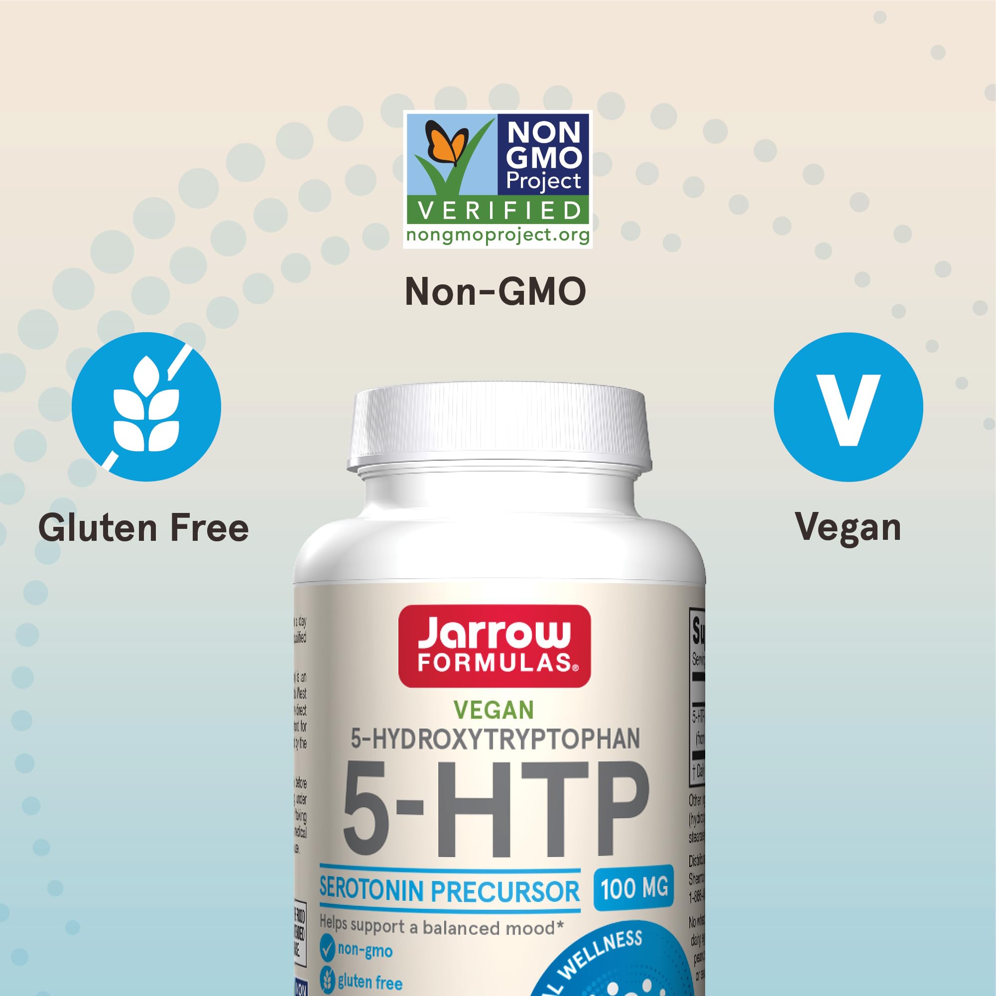 Jarrow Formulas 5-HTP daily use packaging for vegan, non-GMO routines