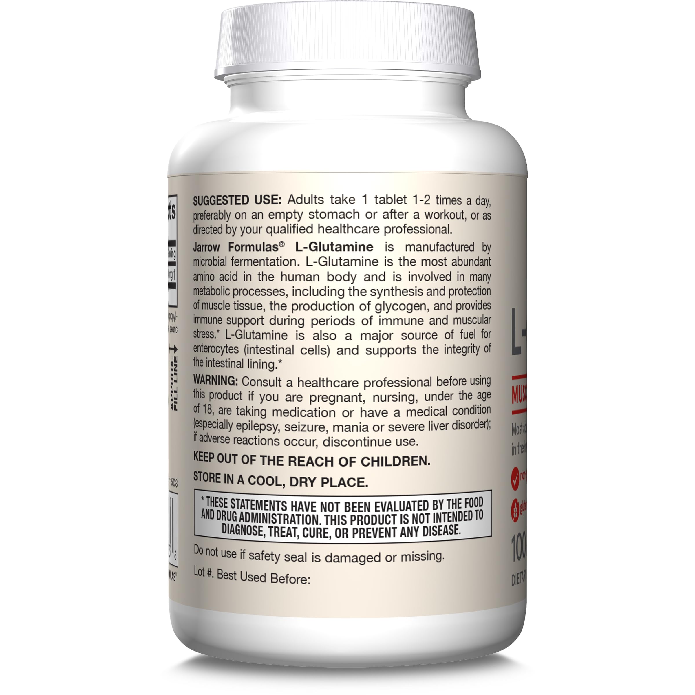 Jarrow Formulas bottle shows 99% L-Glutamine content