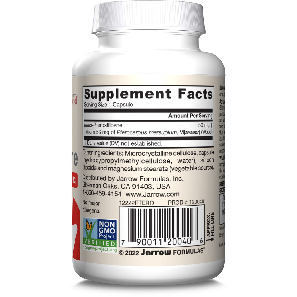 Aging-support ingredient focus from Jarrow Formulas Pterostilbene for potential longevity benefits.