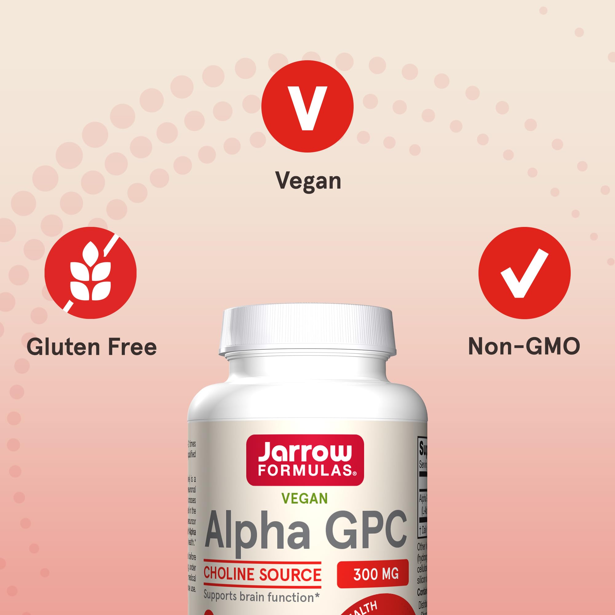 Jarrow Formulas Alpha GPC dosage graphic illustrating 300 mg per capsule