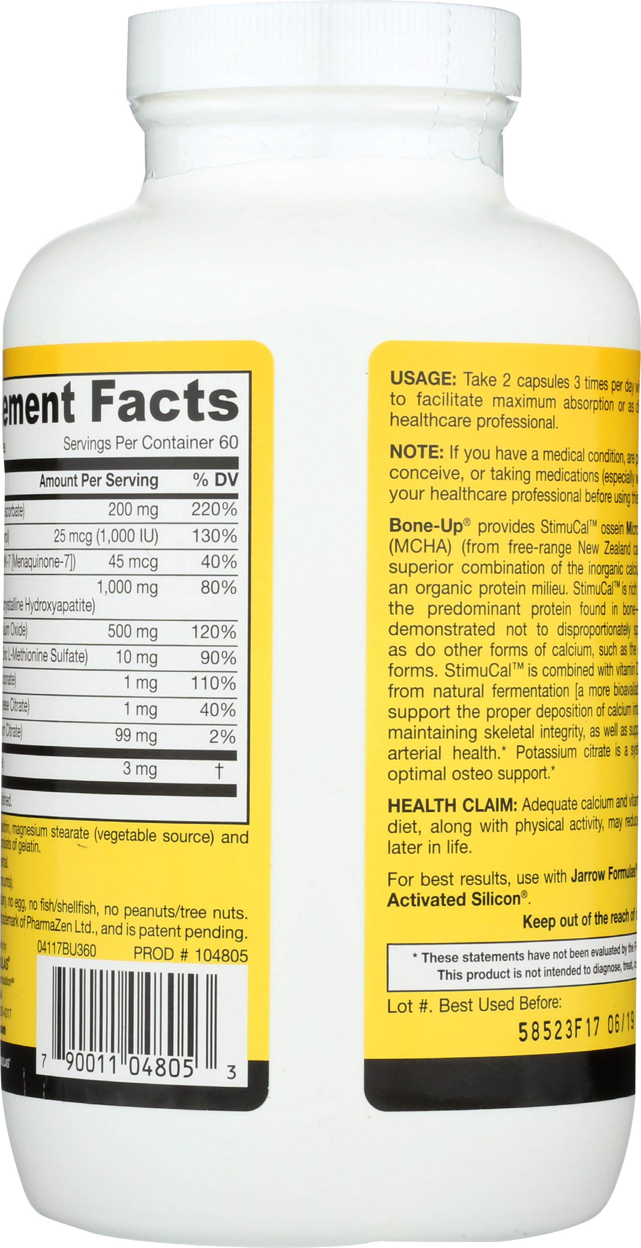 Jarrow Formulas BoneUp capsules highlight calcium delivery for skeletal nutrition.