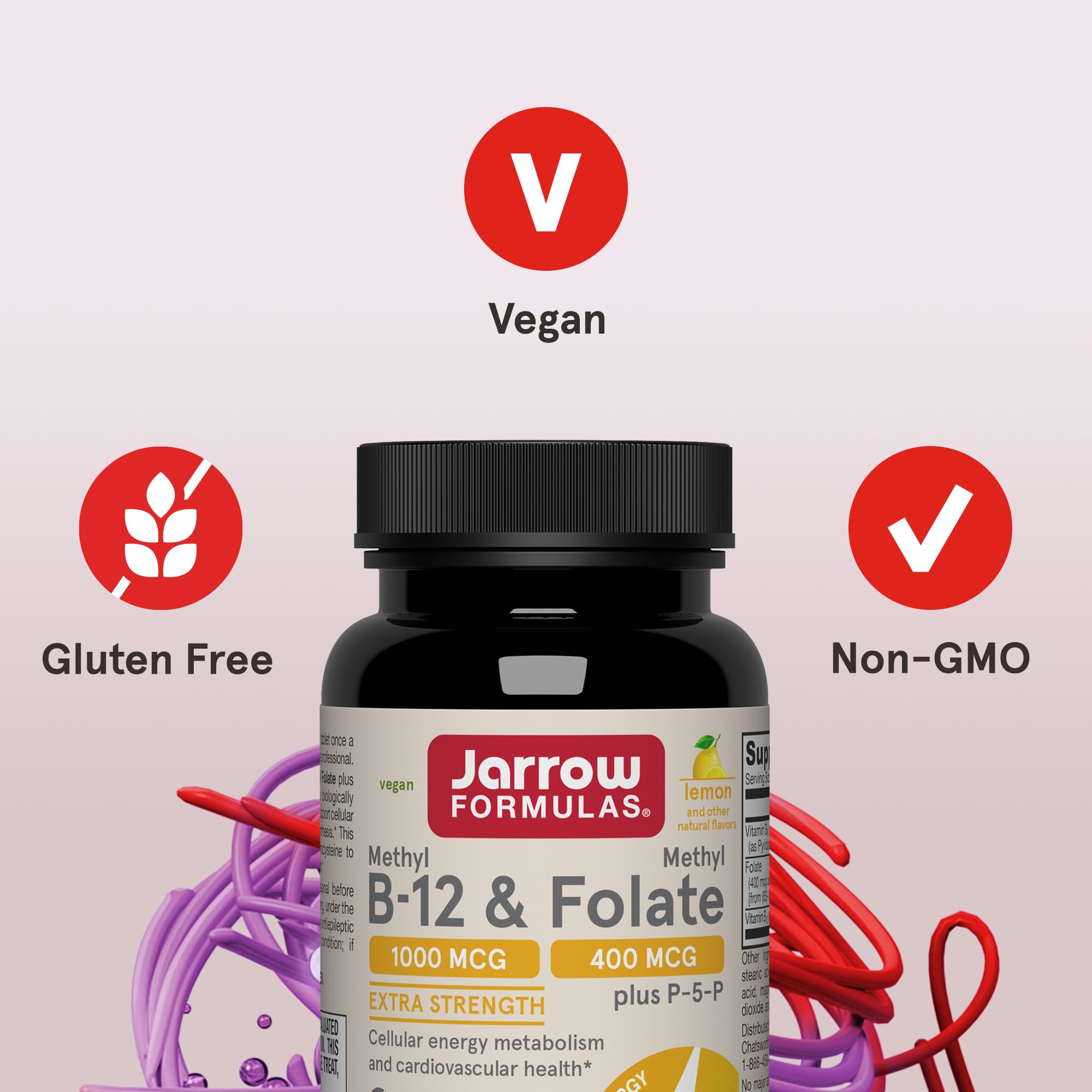 Jarrow Formulas bottle and label highlighting vegan and gluten-free formulation