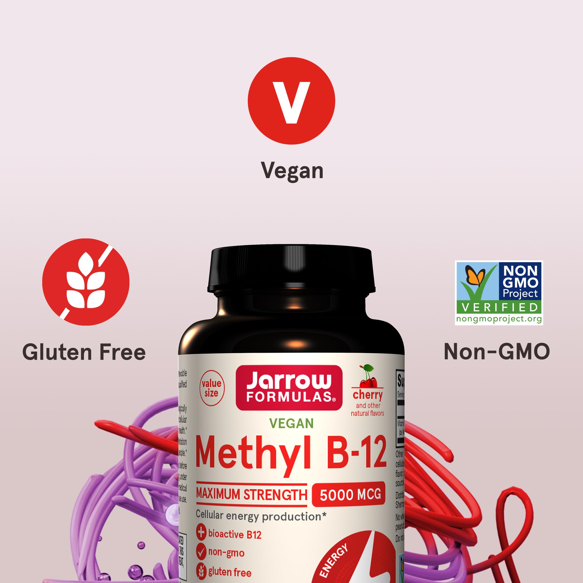 Jarrow Formulas cherry-flavored B12 tablet for easy daily intake.