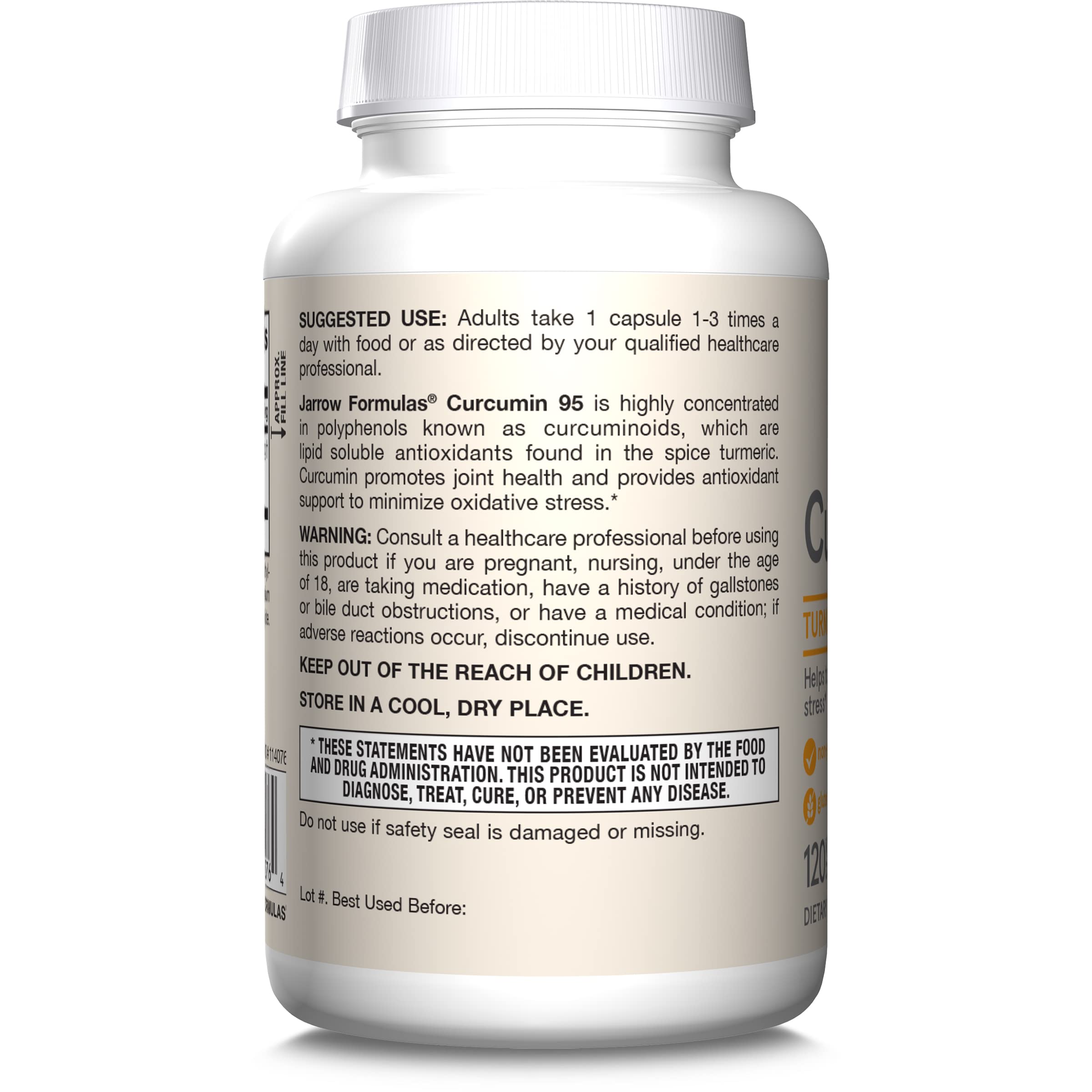 Jarrow Formulas Curcumin 95 product packaging with cap shows secure seal.