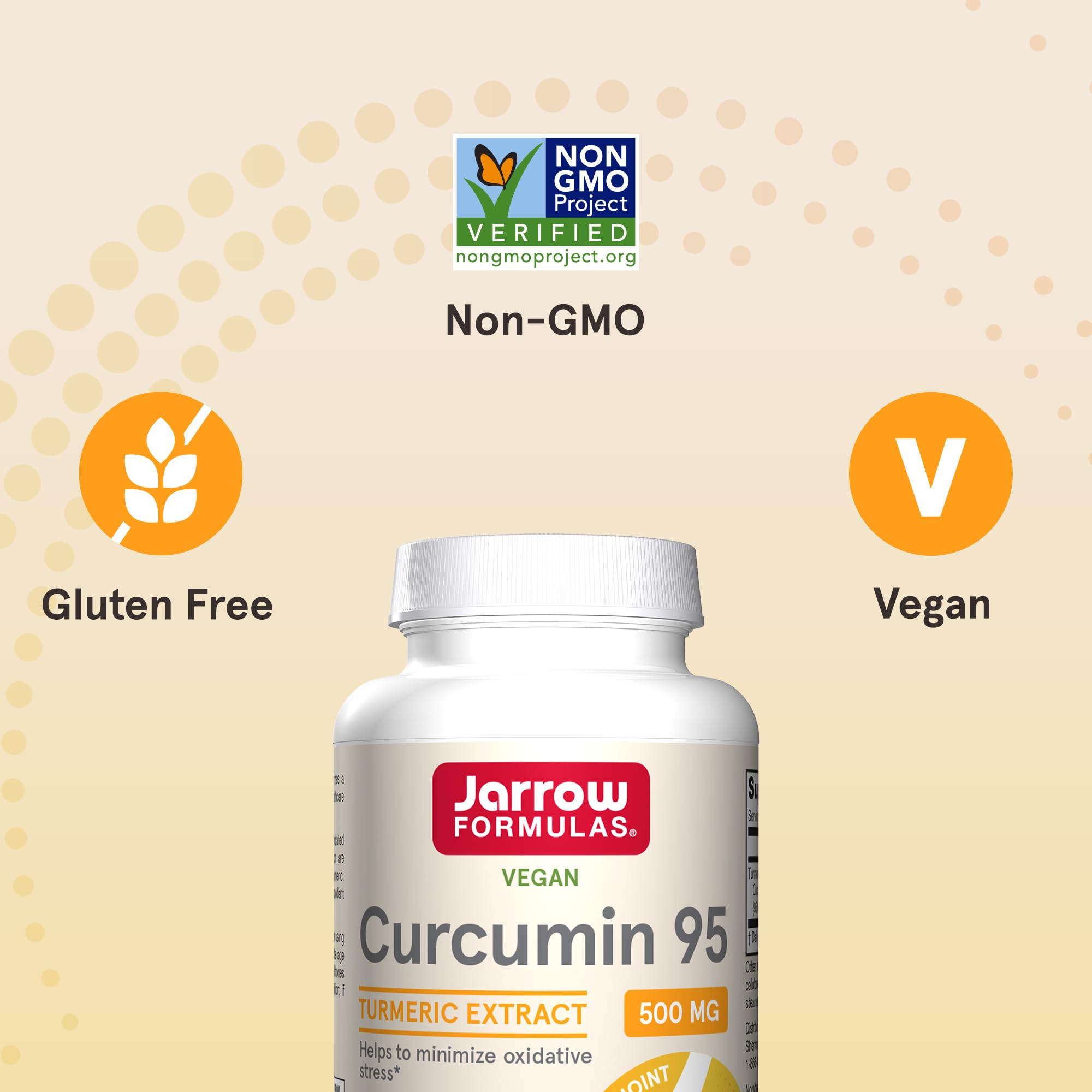 Jarrow Formulas Curcumin 95 veggie capsules packaging showcases plant-based capsules.