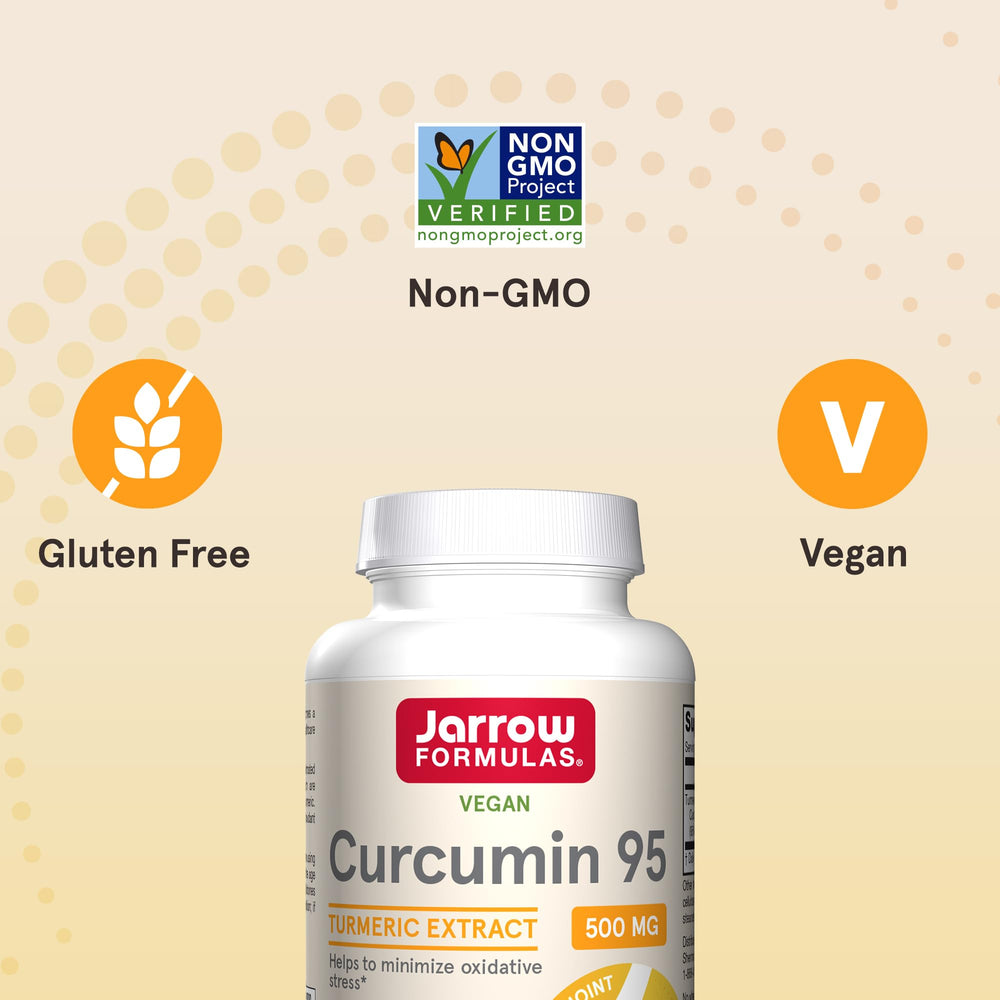 Jarrow Formulas Curcumin 95 veggie capsules packaging showcases plant-based capsules.