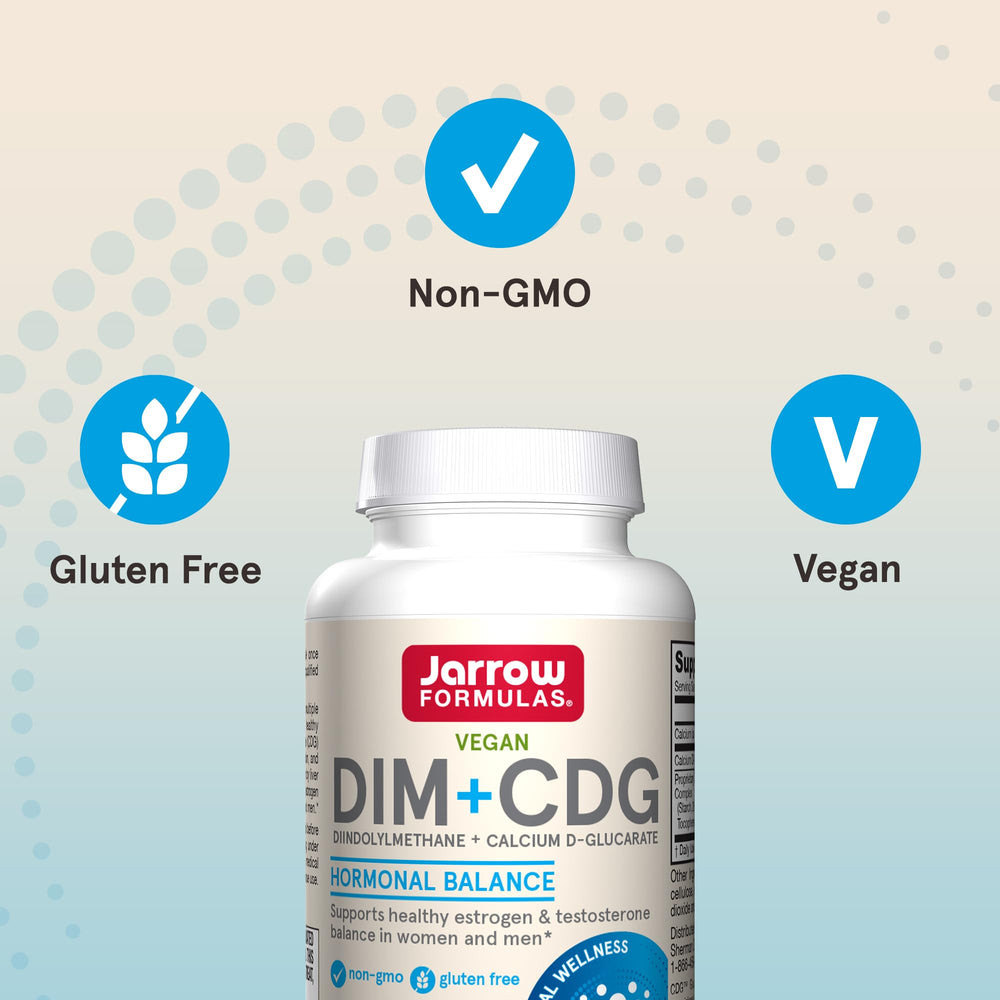 Jarrow Formulas DIM+CDG bottle back view with dosage directions.