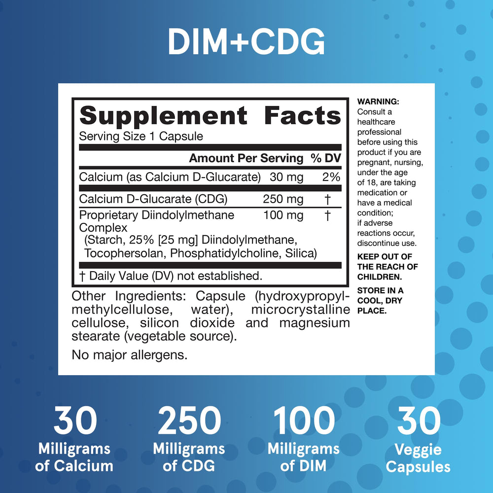Jarrow Formulas DIM+CDG glass with capsules on a clean counter.