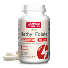 Jarrow Formulas Extra Strength Methyl Folate bottle with 60 veggie capsules for cardiovascular support.