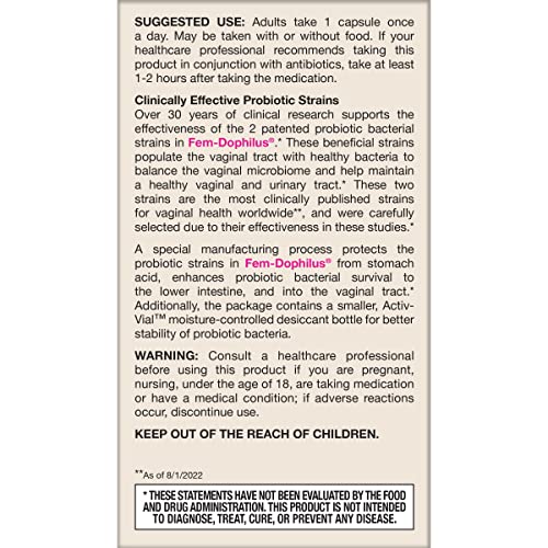 Antibiotic-use guidance card visible with Fem-Dophilus packaging.