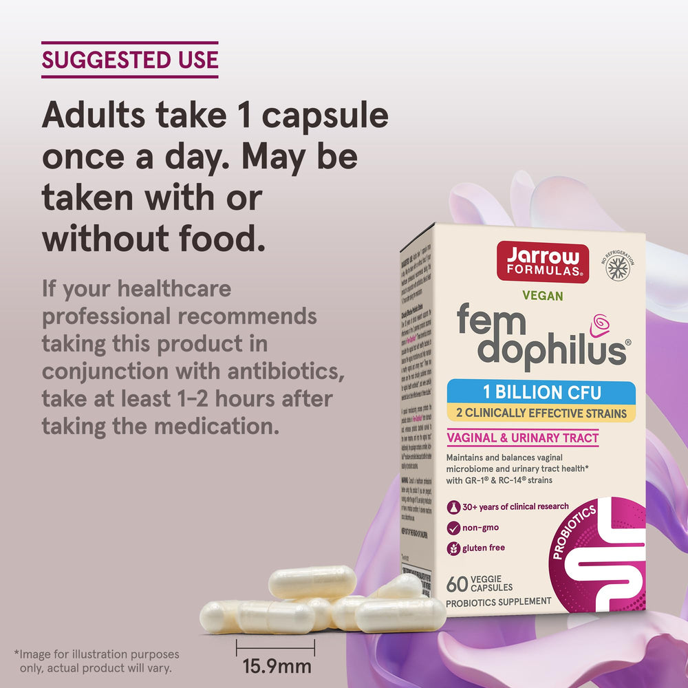 Daily-use capsules of Fem-Dophilus ready for everyday routines.